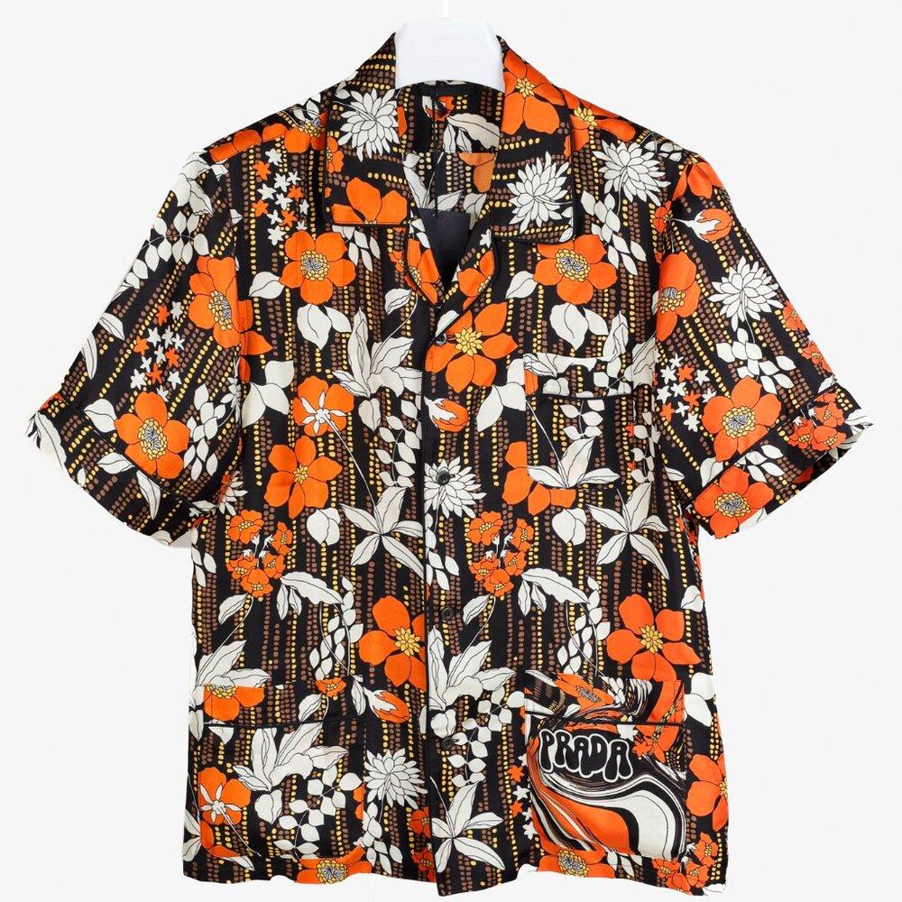 Prada 2018 Orange Silk Hawaiian Print Bowling Shirt